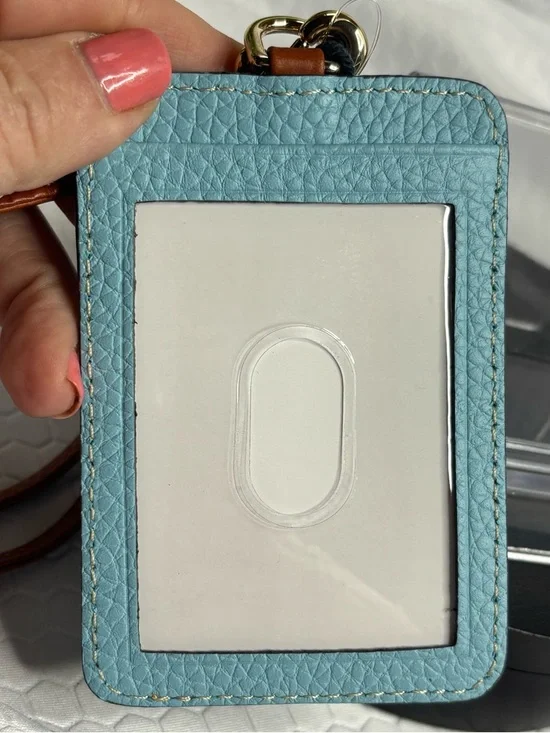 Dooney & Bourke Light Blue Pebbled Leather Card Holder with Brown Strap - Picture 2 of 5